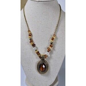 Avon Beaded Chain Medallion Necklace Brown Gold Tone Chunky Vintage Amber Color